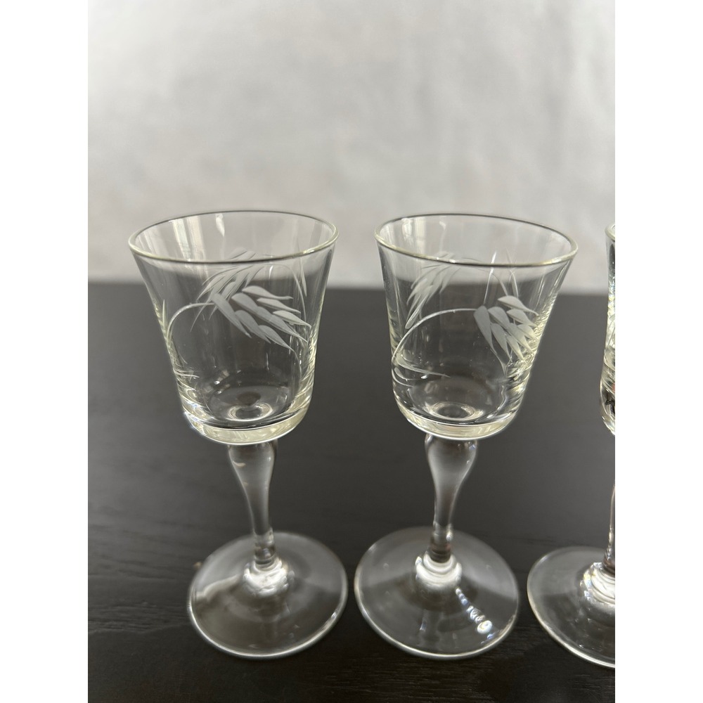 Vintage Etched Wheat Cordial Glasses Set of 4 Clear Stemmed Liqueur Aperitif 4oz - Picture 2 of 5